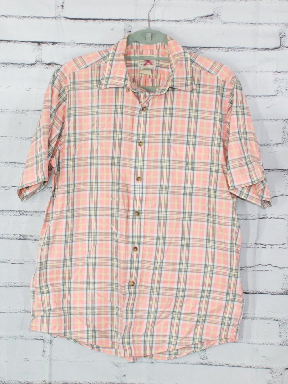 LL Bean Shirt Traditional Fit Salmon Plaid Button Up Short Sleeve Size Medium
